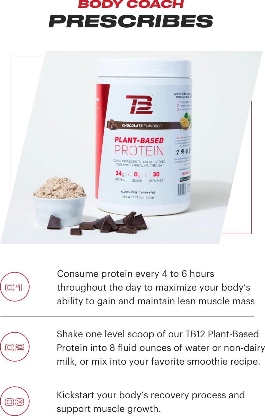 TB12 Plant Based Protein Powder, Sustainably Sourced Pea Protein, Vanilla Flavor - Vegan, 1g Net Carb, Non-GMO, Dairy-Free, Sugar-Free (30 Servings / 2.12lbs)