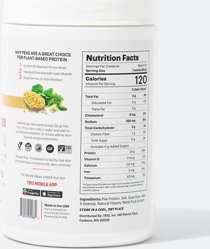 TB12 Plant Based Protein Powder, Sustainably Sourced Pea Protein, Vanilla Flavor - Vegan, 1g Net Carb, Non-GMO, Dairy-Free, Sugar-Free (30 Servings / 2.12lbs)