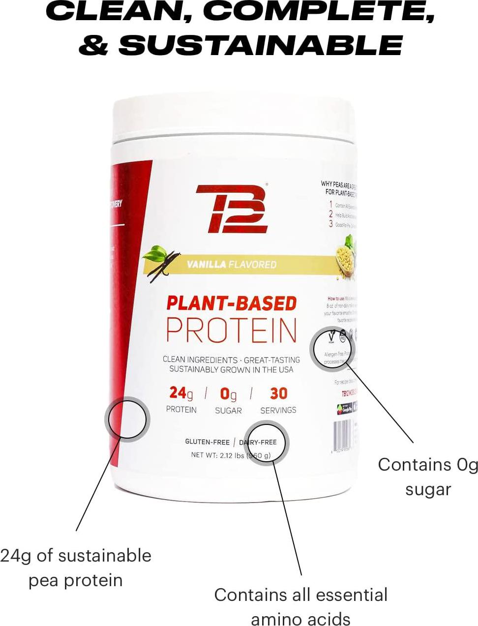 TB12 Plant Based Protein Powder, Sustainably Sourced Pea Protein, Vanilla Flavor - Vegan, 1g Net Carb, Non-GMO, Dairy-Free, Sugar-Free (30 Servings / 2.12lbs)