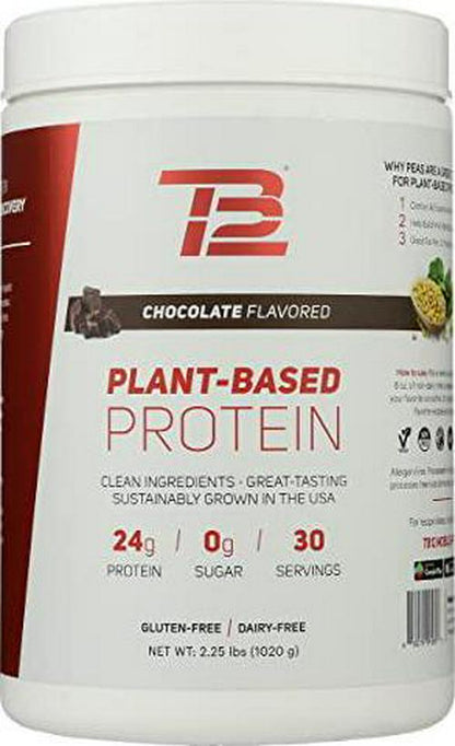 TB12 Plant Based Protein Powder by Tom Brady, 24g of Vegan Pea Protein, Low Sugar, Low Carb, Non-GMO, Meal Replacement, Keto Friendly, Paleo, Sugar Free, Chocolate Flavor (30 Servings/2.25lbs)