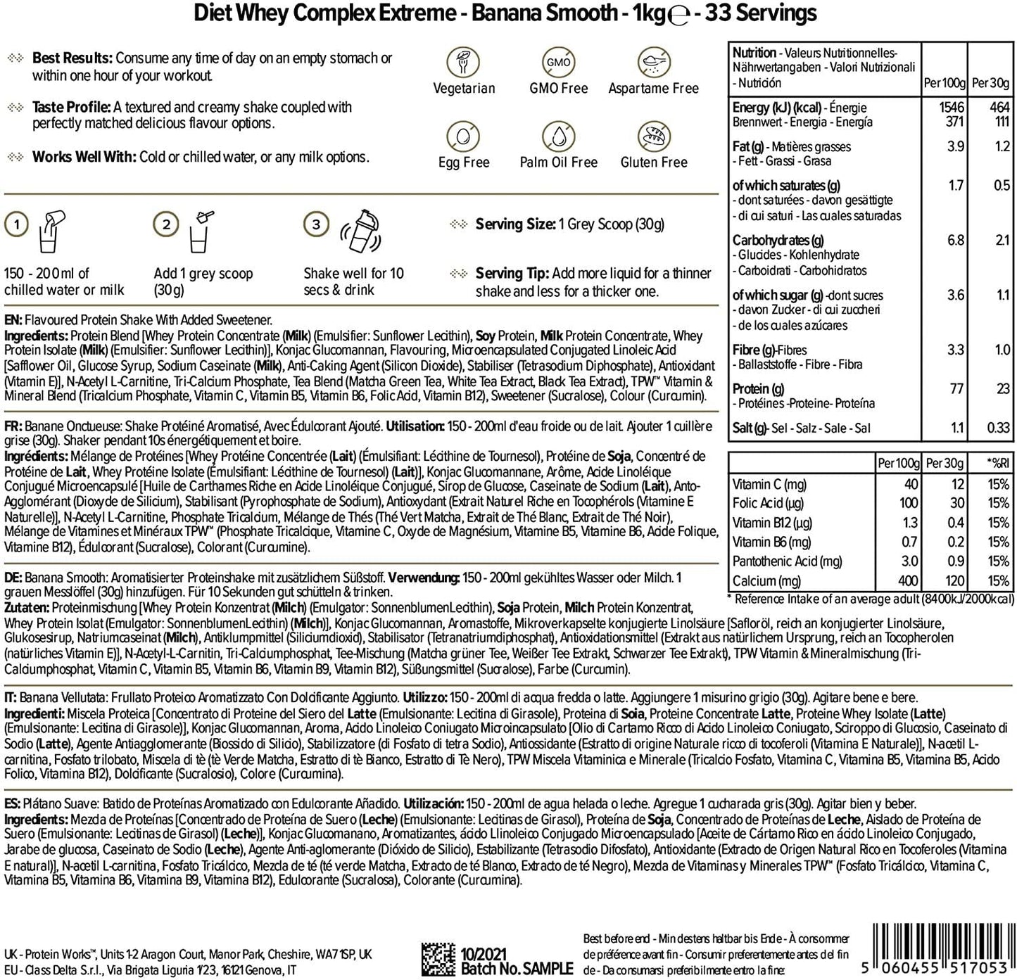THE PROTEIN WORKS Diet Whey Complex Extreme Protein Powder| Low Fat and Low Calorie Diet Shake | Vitamin and Mineral Rich | No Added Sugar | Banana Smooth | 1 Kg