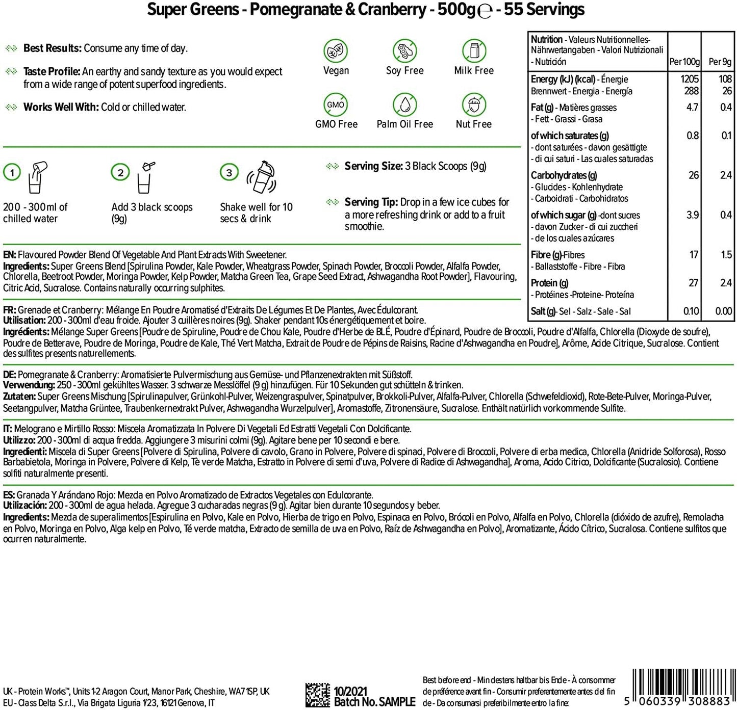 THE PROTEIN WORKS Super Greens Powder | Nutrient Dense Detox Shake | Supports Immune System | 100 Percent Vegan | Pomegranate and Cranberry | 500 g