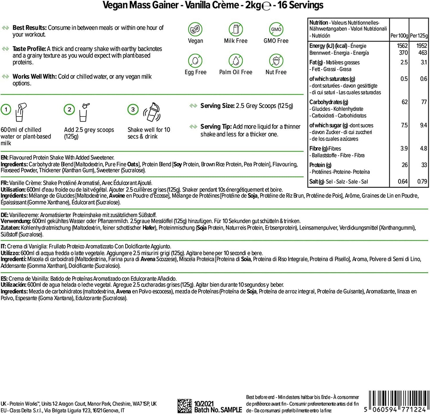 THE PROTEIN WORKS Vegan Mass Gainer | 100% Plant Based | High Calorie Protein Powder | Weight Gainer | Vanilla Crème | 2 kg