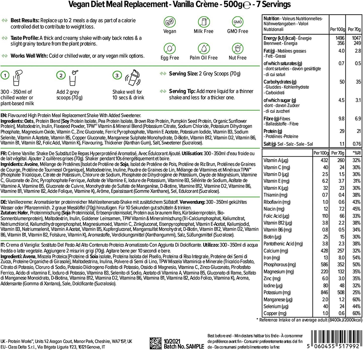 THE PROTEIN WORKS Vegan Meal Replacement Shake | 100% Plant Based | Immunity Boosting Vitamins | Affordable, Healthy and Quick | Vanilla Crème | 500 g