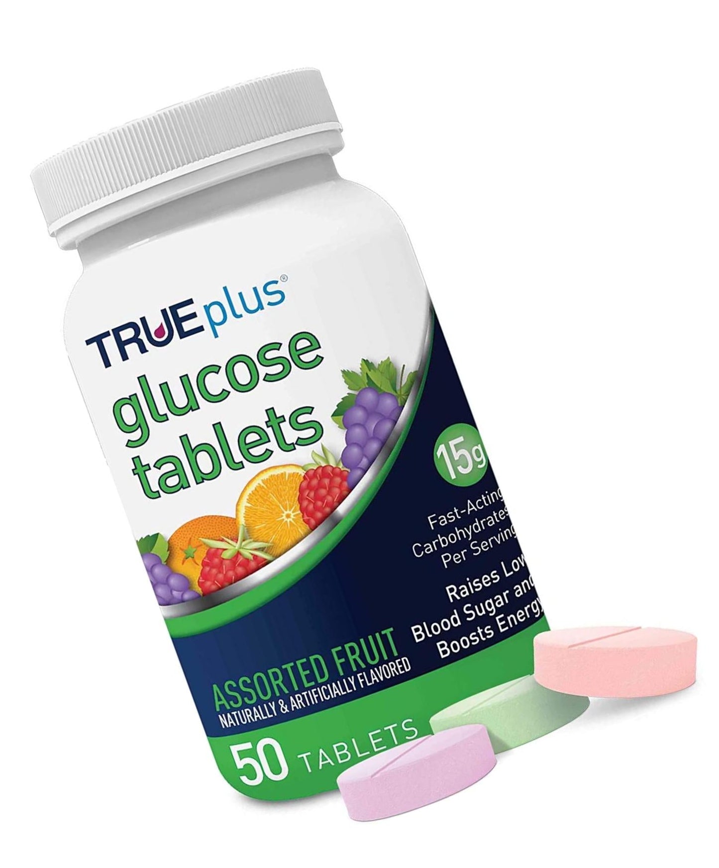 TRUEplus Glucose Tablets, Assorted Flavor (Grape, Raspberry, Orange) - 50ct Bottle - 6 Pack