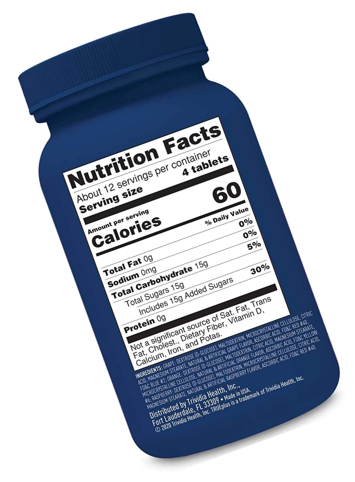 TRUEplus Glucose Tablets, Assorted Flavor (Grape, Raspberry, Orange) - 50ct Bottle - 6 Pack