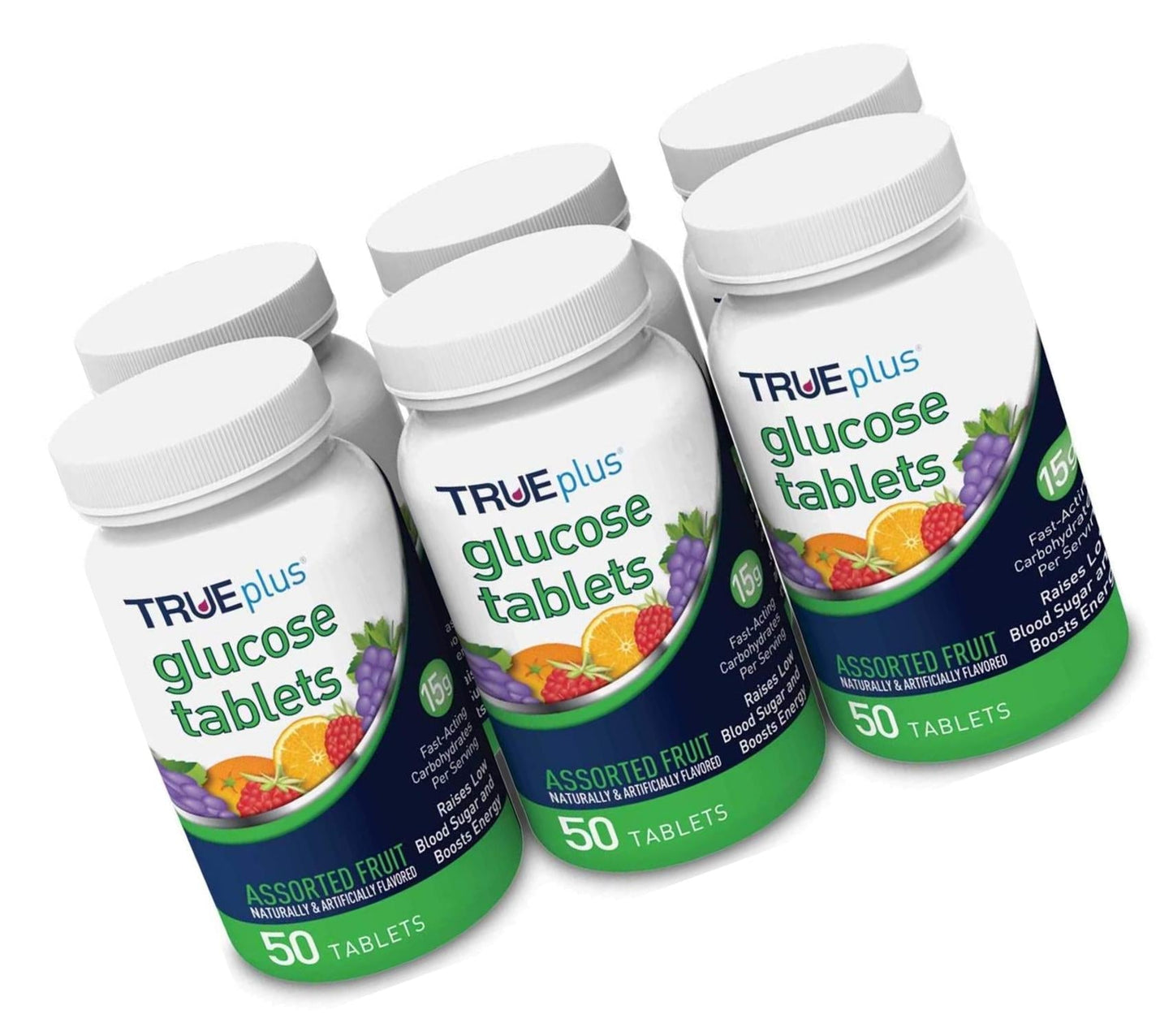 TRUEplus Glucose Tablets, Assorted Flavor (Grape, Raspberry, Orange) - 50ct Bottle - 6 Pack