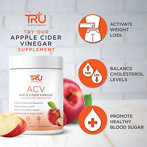 TRU ACV, Apple Cider Vinegar, Organic ACV with The Mother , Lowers Blood Sugar, Improves Digestion and Skin Health, 45 Servings, 1000mg