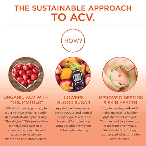 TRU ACV, Apple Cider Vinegar, Organic ACV with The Mother , Lowers Blood Sugar, Improves Digestion and Skin Health, 45 Servings, 1000mg