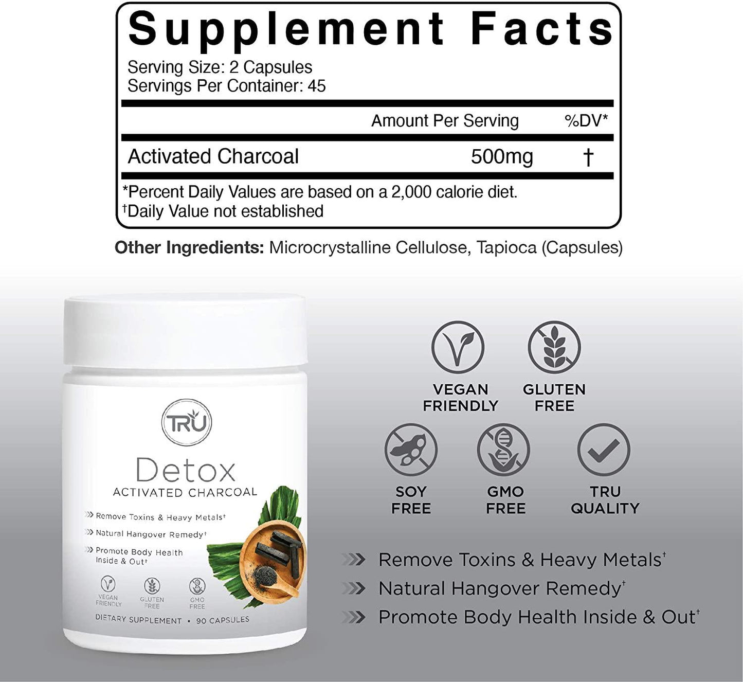 TRU Detox, Activated Charcoal, Vegan Friendly, Whole Body Natural Detox, Eliminates Bloating, Improve Skin Health, 60 Servings