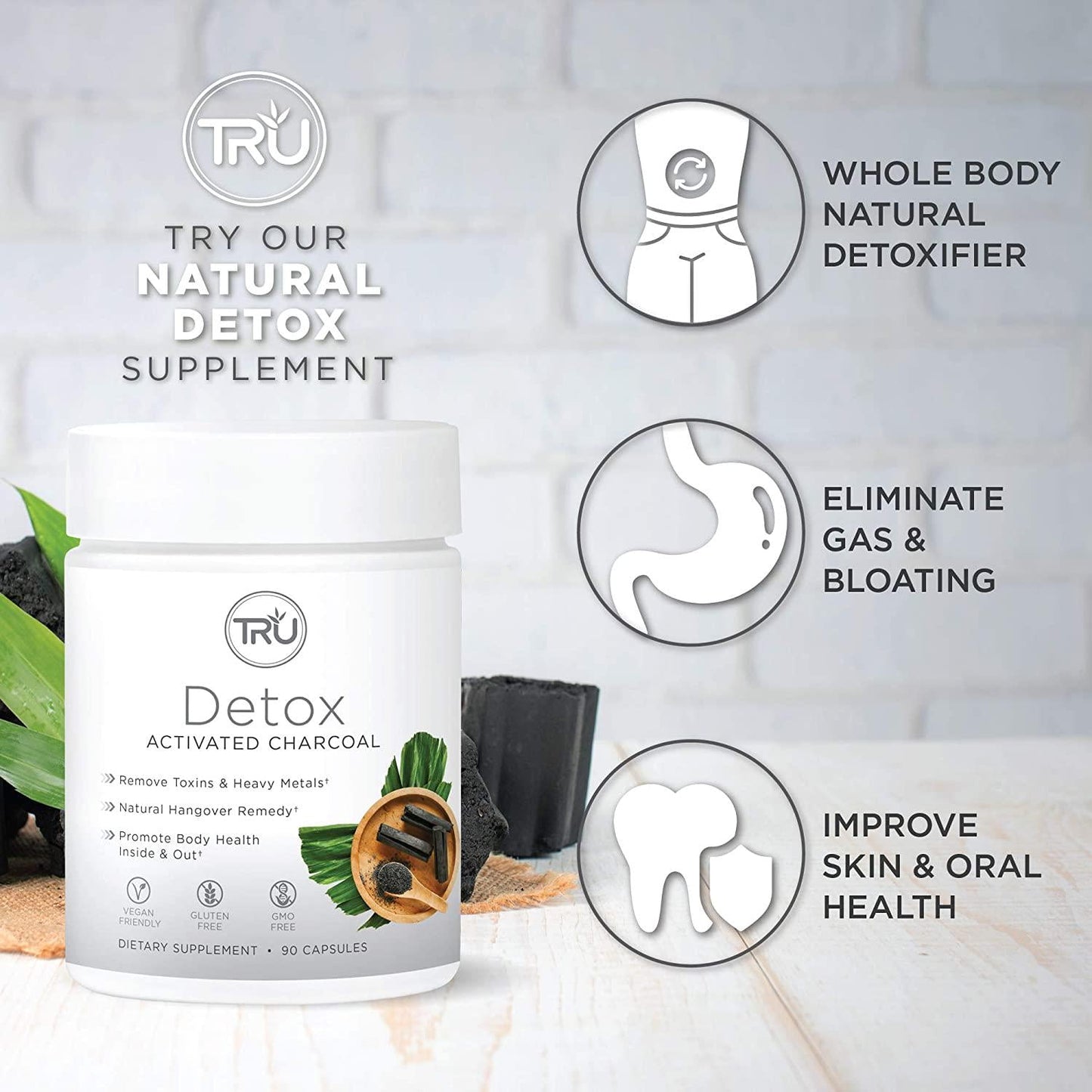TRU Detox, Activated Charcoal, Vegan Friendly, Whole Body Natural Detox, Eliminates Bloating, Improve Skin Health, 60 Servings