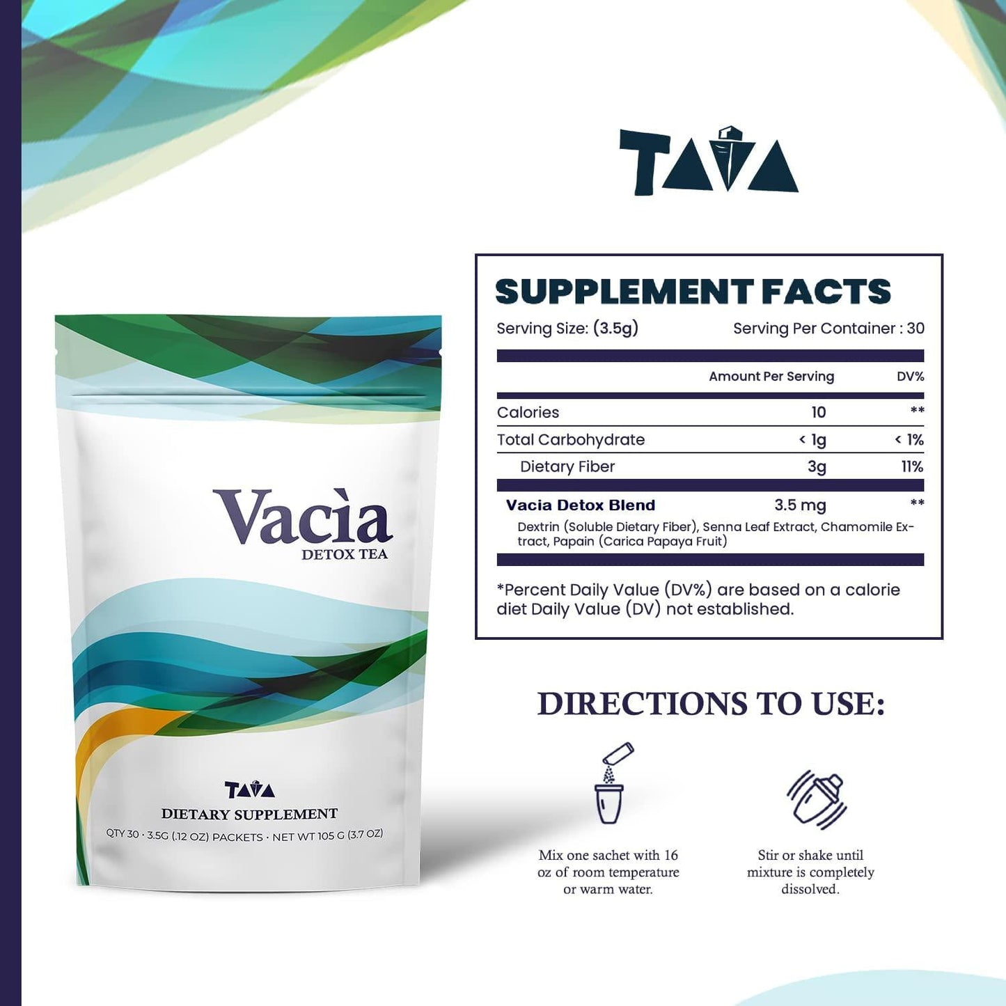Tava Vacia Detox Tea Dietary Supplement Serving 30 Packets 3.5g per pack
