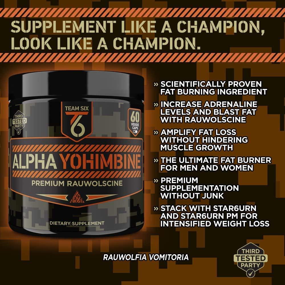 Team Six Supplements Alpha Yohimbine Proven Yohimbe Bark Fat Burner, Weight Loss Pills That Work Fast - 3rd Party Tested for Purity and Potency, 60 veggie capsules