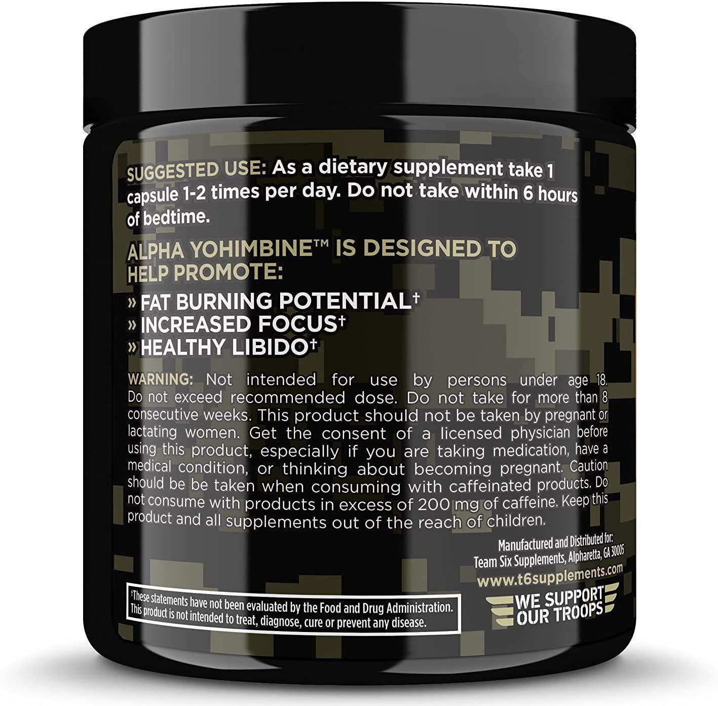 Team Six Supplements Alpha Yohimbine Proven Yohimbe Bark Fat Burner, Weight Loss Pills That Work Fast - 3rd Party Tested for Purity and Potency, 60 veggie capsules