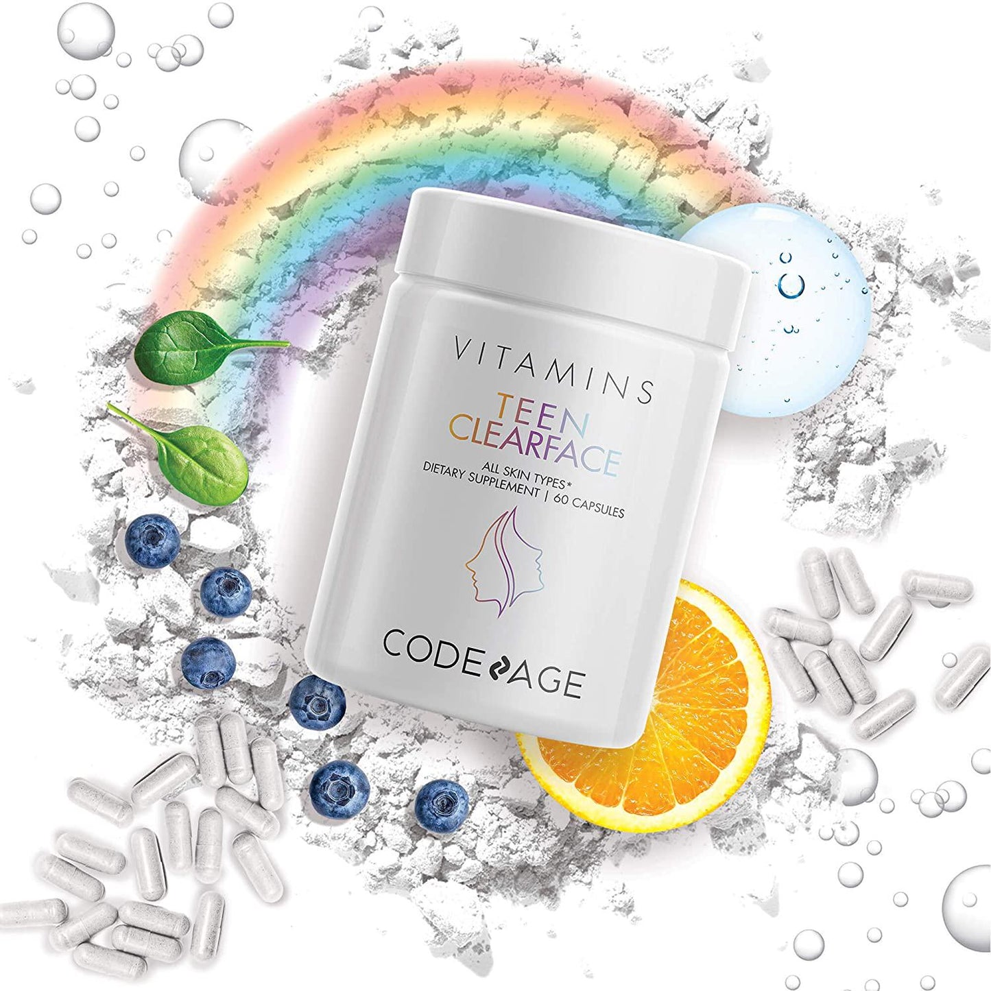 Teen Clearface Adolescent Face, Skin and Pimples, Vitamins A, C, D3, E, Pantothenic Acid, Niacin, Zinc Supplement for Teenagers, Probiotics, L-Lysine, Omega-3, Oily Skin, Pores, Spots - 60 Capsules