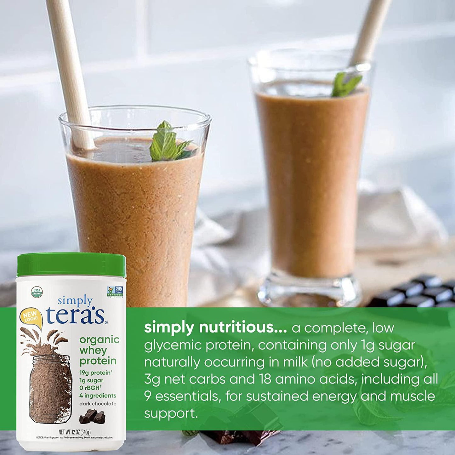 Tera's Whey Organic Protein, Dark Chocolate, 12 oz