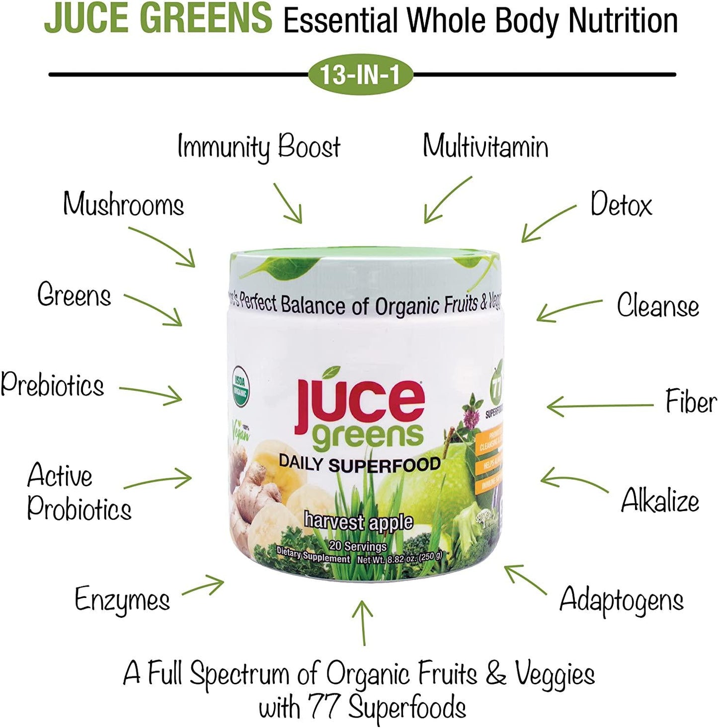 Terra Kai Organics JUCE Greens Superfood Drink Mix - Harvest Apple Flavor - 40 Servings - Fruits and Vegetables for Immune Boost, Detox and Cleanse, Improve Gut Health (17.44 Ounce, Pack of 2)