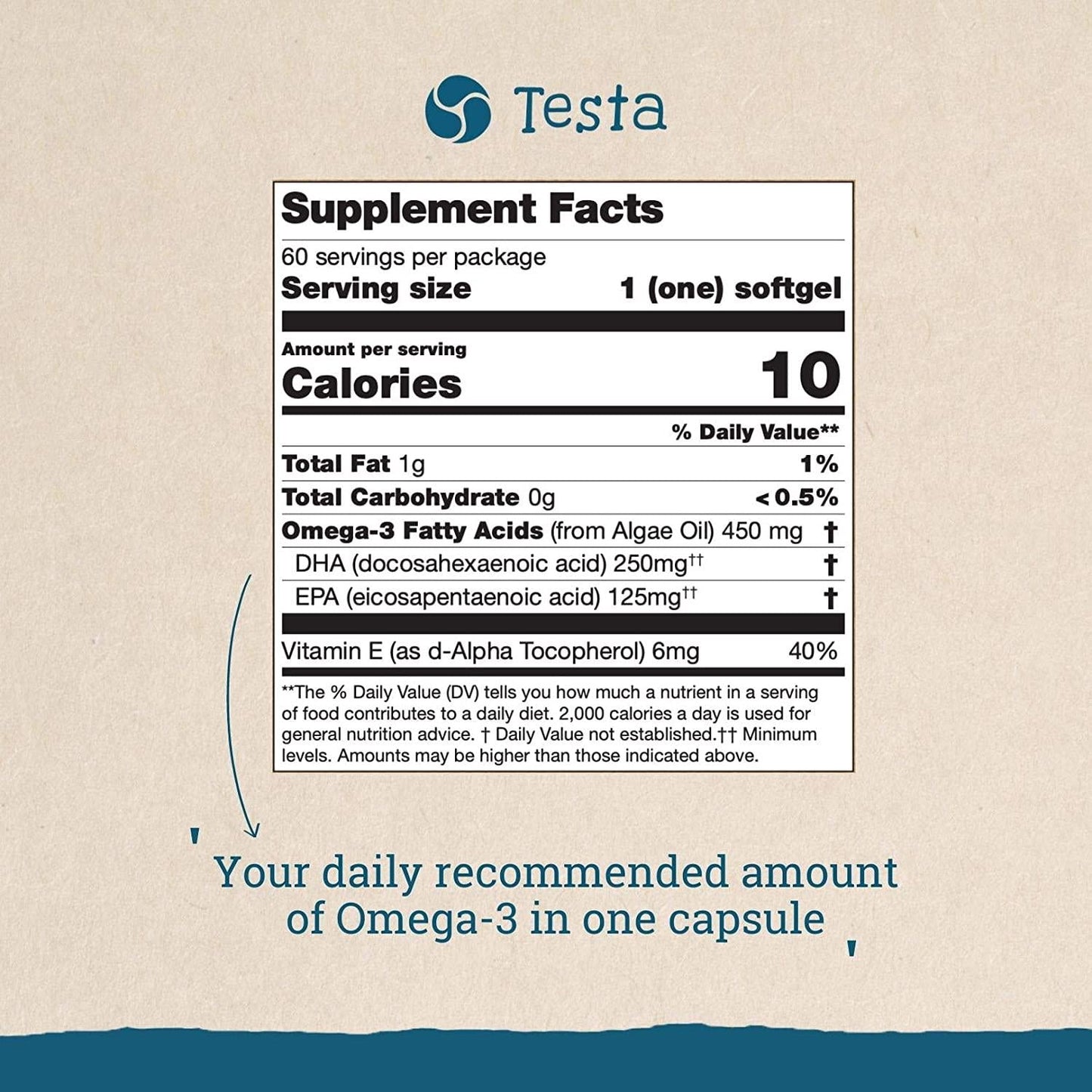 Testa - Cut Out The Middle-Fish - Much Healthier Than Fish Oil - Plant Based GMO-Free Omega-3 DHA + EPA from Algae Oil - Pure and Vegan - Testa Omega 3-60 Capsules