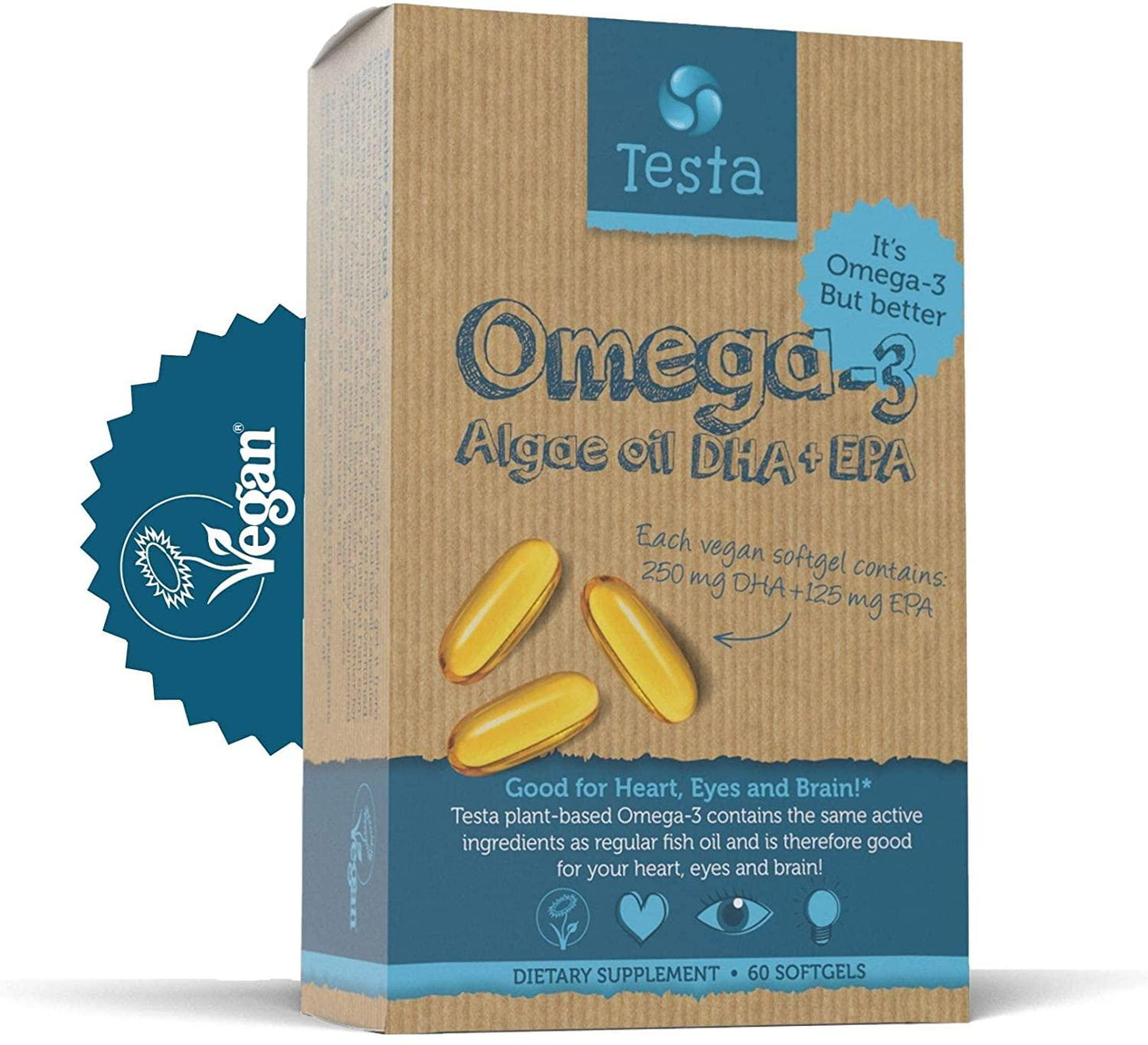 Testa - Cut Out The Middle-Fish - Much Healthier Than Fish Oil - Plant Based GMO-Free Omega-3 DHA + EPA from Algae Oil - Pure and Vegan - Testa Omega 3-60 Capsules