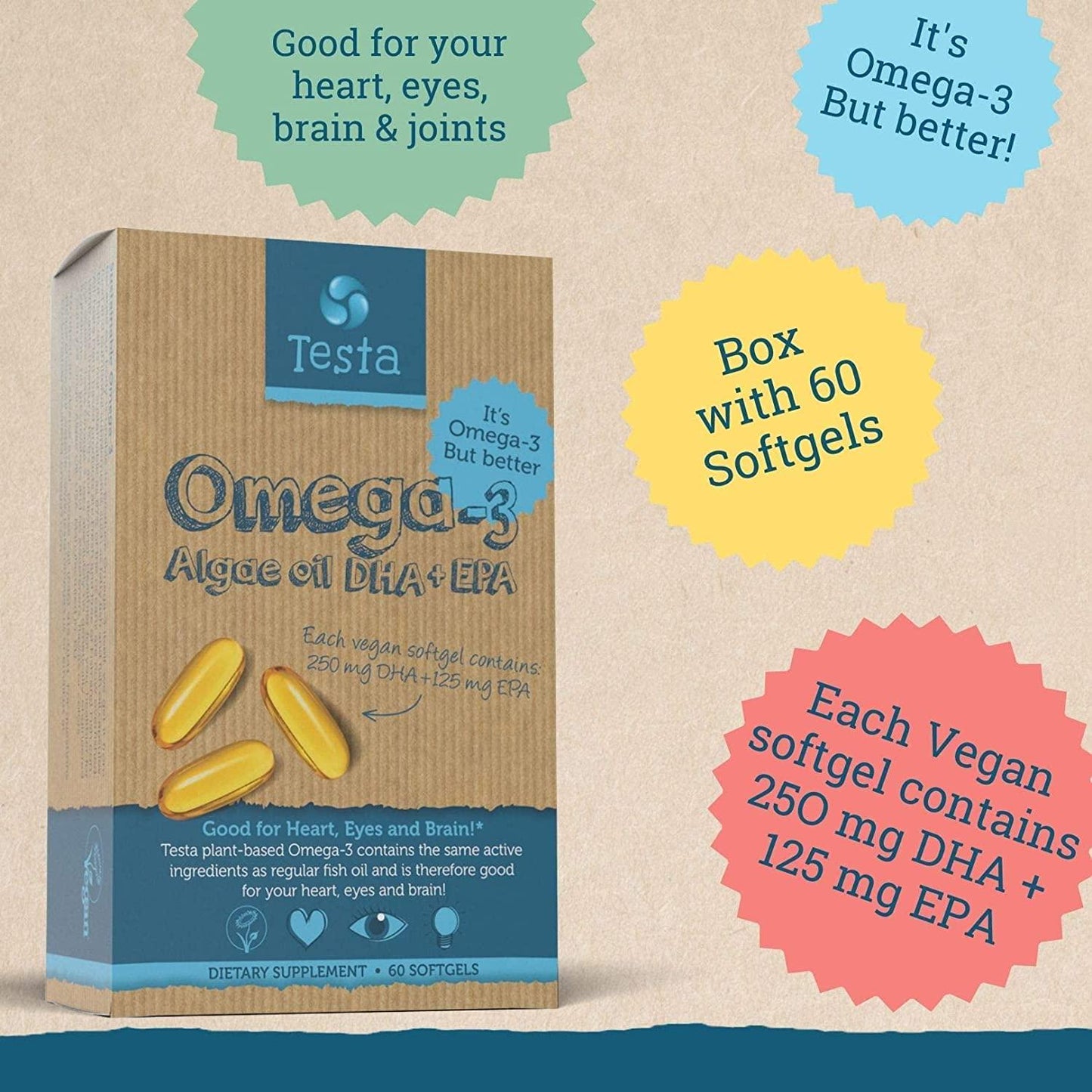 Testa - Cut Out The Middle-Fish - Much Healthier Than Fish Oil - Plant Based GMO-Free Omega-3 DHA + EPA from Algae Oil - Pure and Vegan - Testa Omega 3-60 Capsules