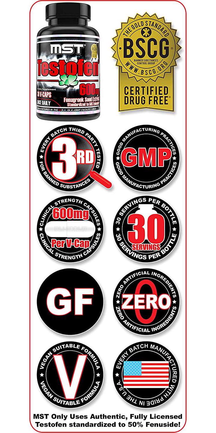 Testofen Supplement Twin Pack (2 Bottles of 30 Count Each) Fenugreek Seed Extract, 50% Fenuside, 600mg, 60 Count, Clinical Strength, BSCG Certified by MST