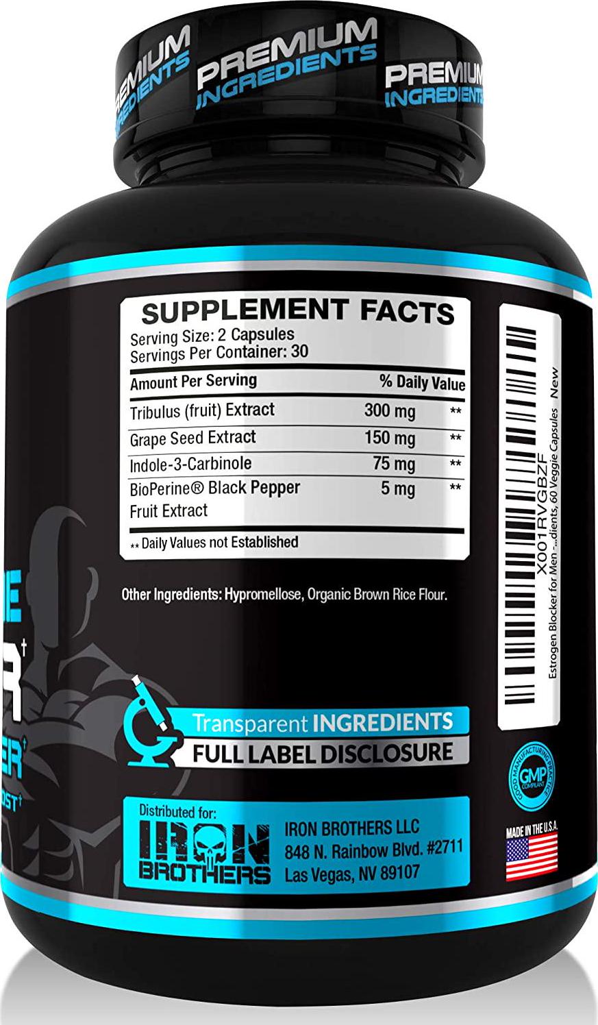 Testosterone Booster for Men with Estrogen Blocker - Anti-Estrogen Dietary Supplements - Indole - 3- Carbibole, Grape Seed Extract and Tribulus Terrestris Pack of 60 Capsules Muscle Growth Boost