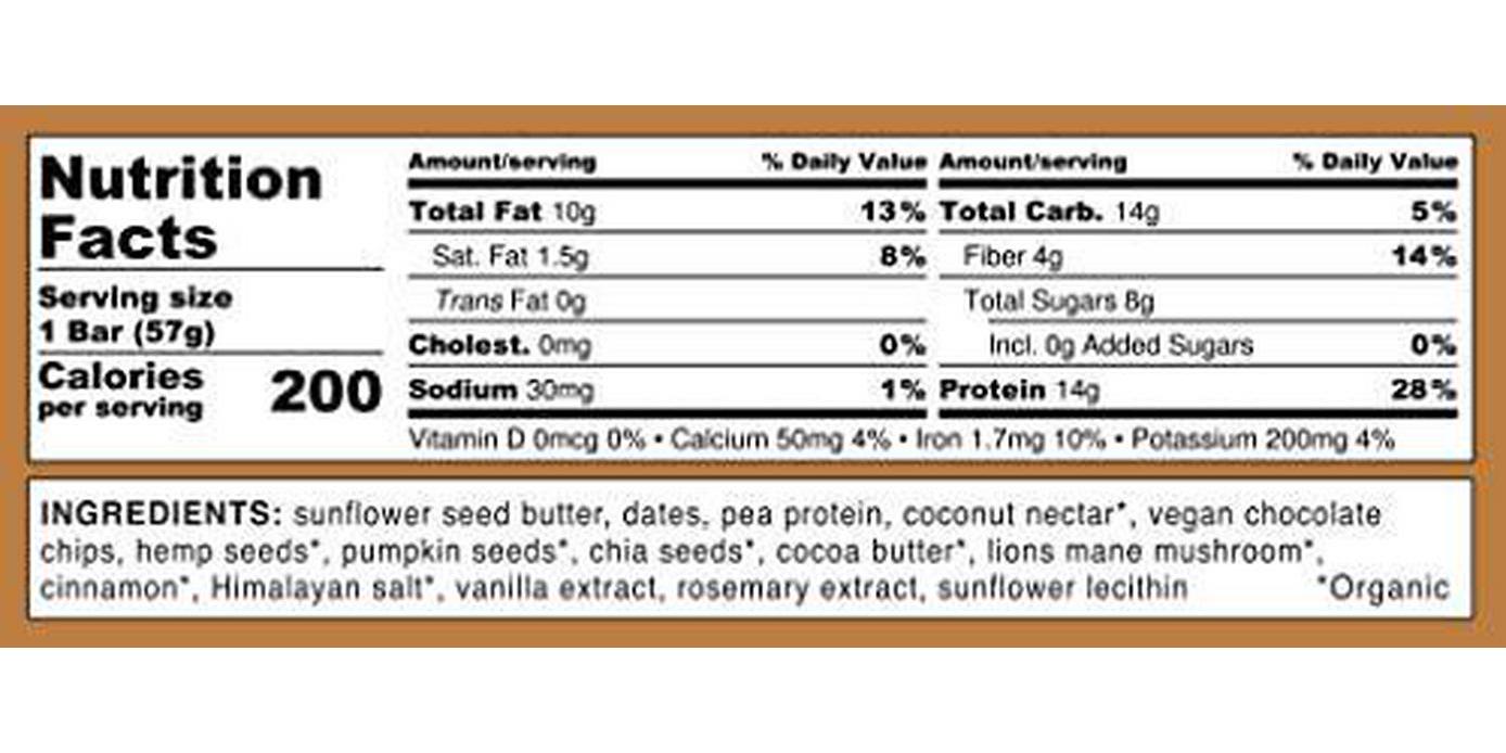 The Feel Bar | Functional Protein Bars | Cacao Choco Chip | 10 Count, 2oz Snack Bars | Focus with Lions Mane Mushroom | Vegan, Gluten Free, Nut Free, Soy Free, Dairy Free, Grain Free, Non-GMO, No Sugar Alcohols, No Added Sugar