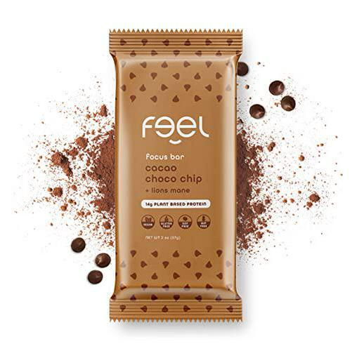 The Feel Bar | Functional Protein Bars | Cacao Choco Chip | 10 Count, 2oz Snack Bars | Focus with Lions Mane Mushroom | Vegan, Gluten Free, Nut Free, Soy Free, Dairy Free, Grain Free, Non-GMO, No Sugar Alcohols, No Added Sugar