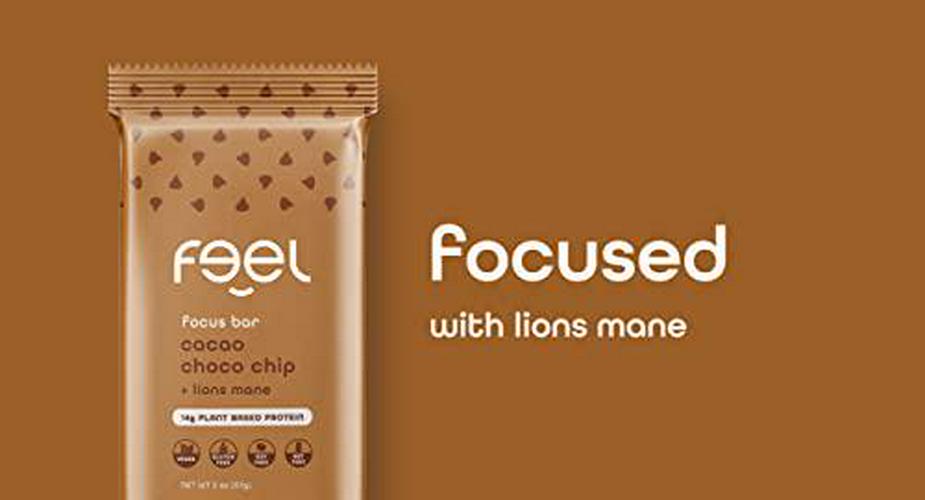 The Feel Bar | Functional Protein Bars | Cacao Choco Chip | 10 Count, 2oz Snack Bars | Focus with Lions Mane Mushroom | Vegan, Gluten Free, Nut Free, Soy Free, Dairy Free, Grain Free, Non-GMO, No Sugar Alcohols, No Added Sugar