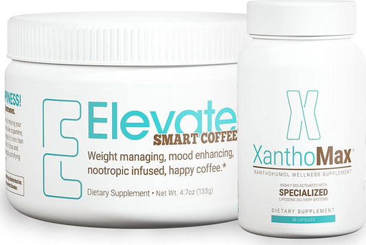 The Happy Co. D.O.S.E. Coffee - Duo with Elevate Smart Coffee and XanthoMax Happy Caps Xanthohumol Antioxidant Supplement - Nootropic Smart Coffee - Support Weight Loss, and Energy - 30 Servings