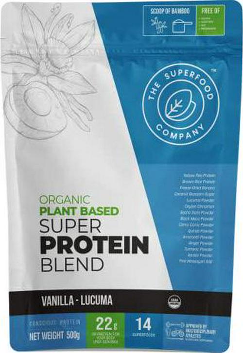 The Superfood Co. Organic Super Protein Blend, Vanilla - Lucuma Flavor , Plant Based Protein and Superfoods | 22 Grams Protein, Vegan, Non Dairy, Non-GMO, Gluten Free (Vanilla - Lucuma, 1 x 500 gr)