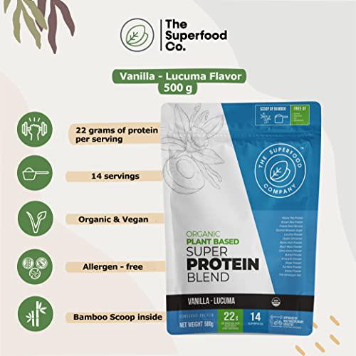 The Superfood Co. Organic Super Protein Blend, Vanilla - Lucuma Flavor , Plant Based Protein and Superfoods | 22 Grams Protein, Vegan, Non Dairy, Non-GMO, Gluten Free (Vanilla - Lucuma, 1 x 500 gr)