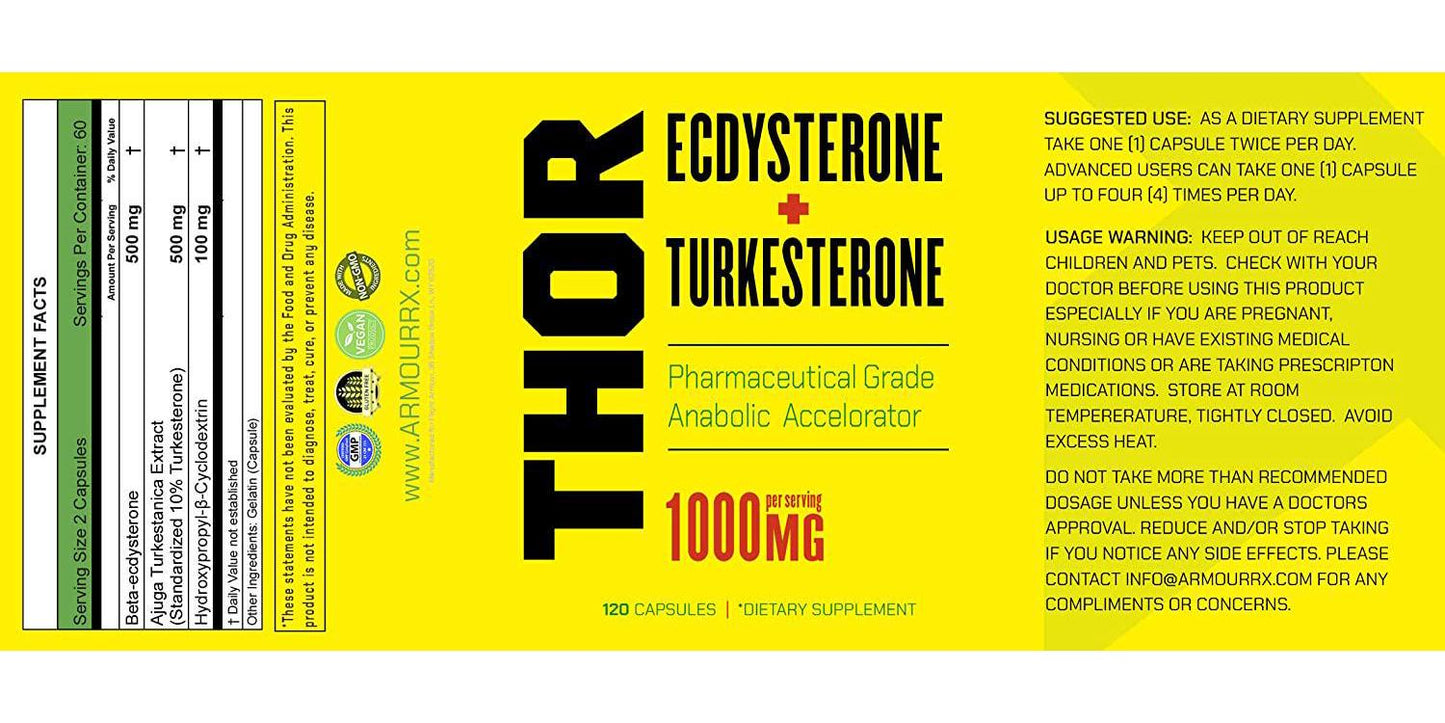 Thor - Turkesterone 95% + Ecdysterone Supplement | 1000MG Synthesized w/ Cyclodextrin for Max Absorbtion + Huge Gains (Turkestrone, Edcystrone, Ajuga Turkestanica Extract, Turkestone, Beta, Anabolic)