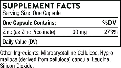 Thorne Research - Zinc Picolinate 30 mg - Well-Absorbed Zinc Supplement for Growth and Immune Function - 180 Capsules