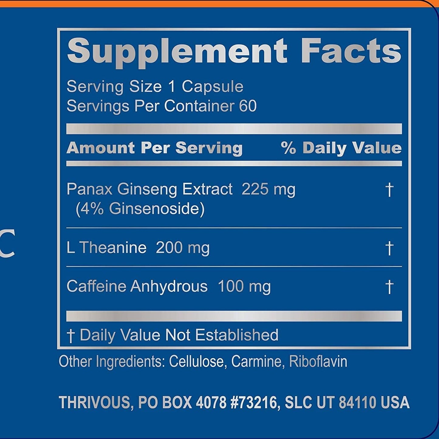 Thrivous Surge - 100mg Caffeine Pills with 200mg L-Theanine and Ginseng - Caffeine Anhydrous with Zero Sugar - 60 Capsules - Jitter-Free Focused Energy - Natural Nootropic Supplement