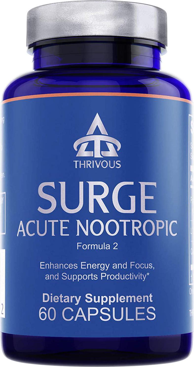 Thrivous Surge - 100mg Caffeine Pills with 200mg L-Theanine and Ginseng - Caffeine Anhydrous with Zero Sugar - 60 Capsules - Jitter-Free Focused Energy - Natural Nootropic Supplement
