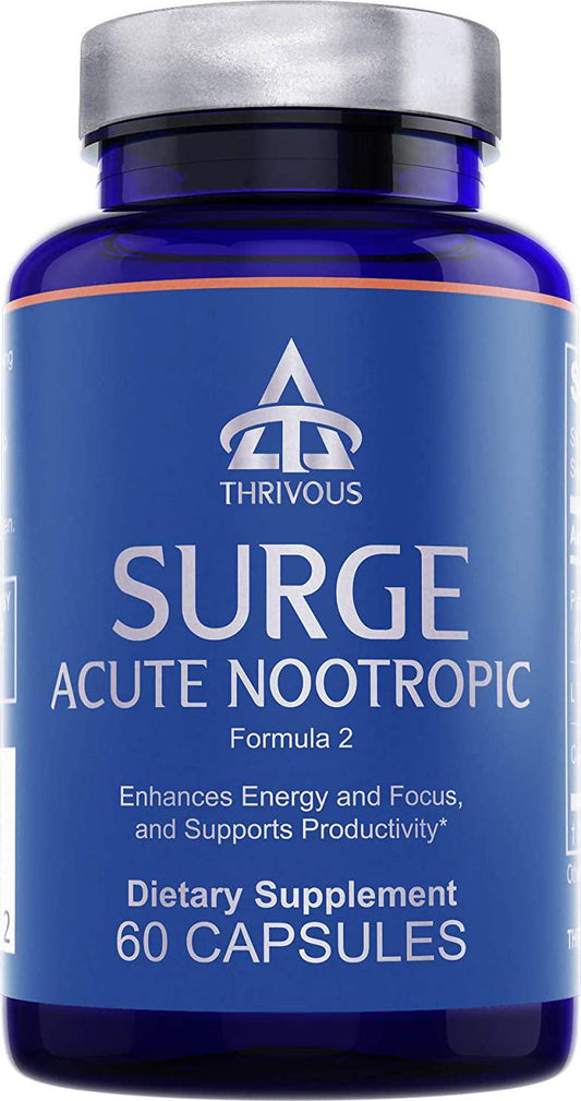 Thrivous Surge - 100mg Caffeine Pills with 200mg L-Theanine and Ginseng - Caffeine Anhydrous with Zero Sugar - 60 Capsules - Jitter-Free Focused Energy - Natural Nootropic Supplement