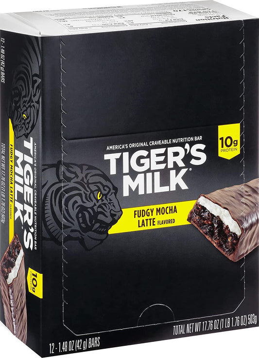 Tiger's Milk Fudgy Mocha Latte Flavored Protein Bar, 42 g (Pack of 12)
