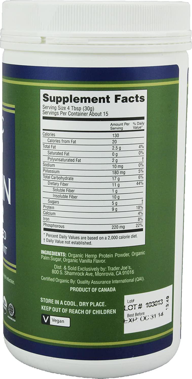 Trader Joe's 16 Oz. Organic Hemp Protein Powder Dietary Supplement (Vanilla)