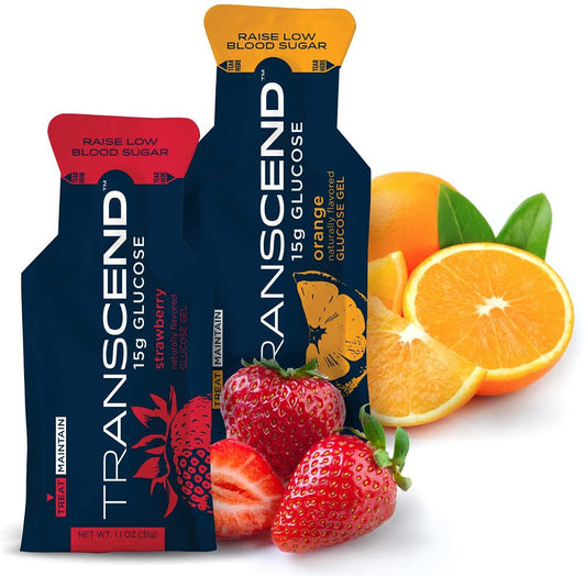 Transcend Glucose Gel Packs - Strawberry and Orange Flavors - 50 Pack (1.1oz Each) - FSA/HSA Eligible - Blood Sugar Support Glucose Gel Packs for Diabetics - Fast Acting, Precise 15g Dose, Made in USA