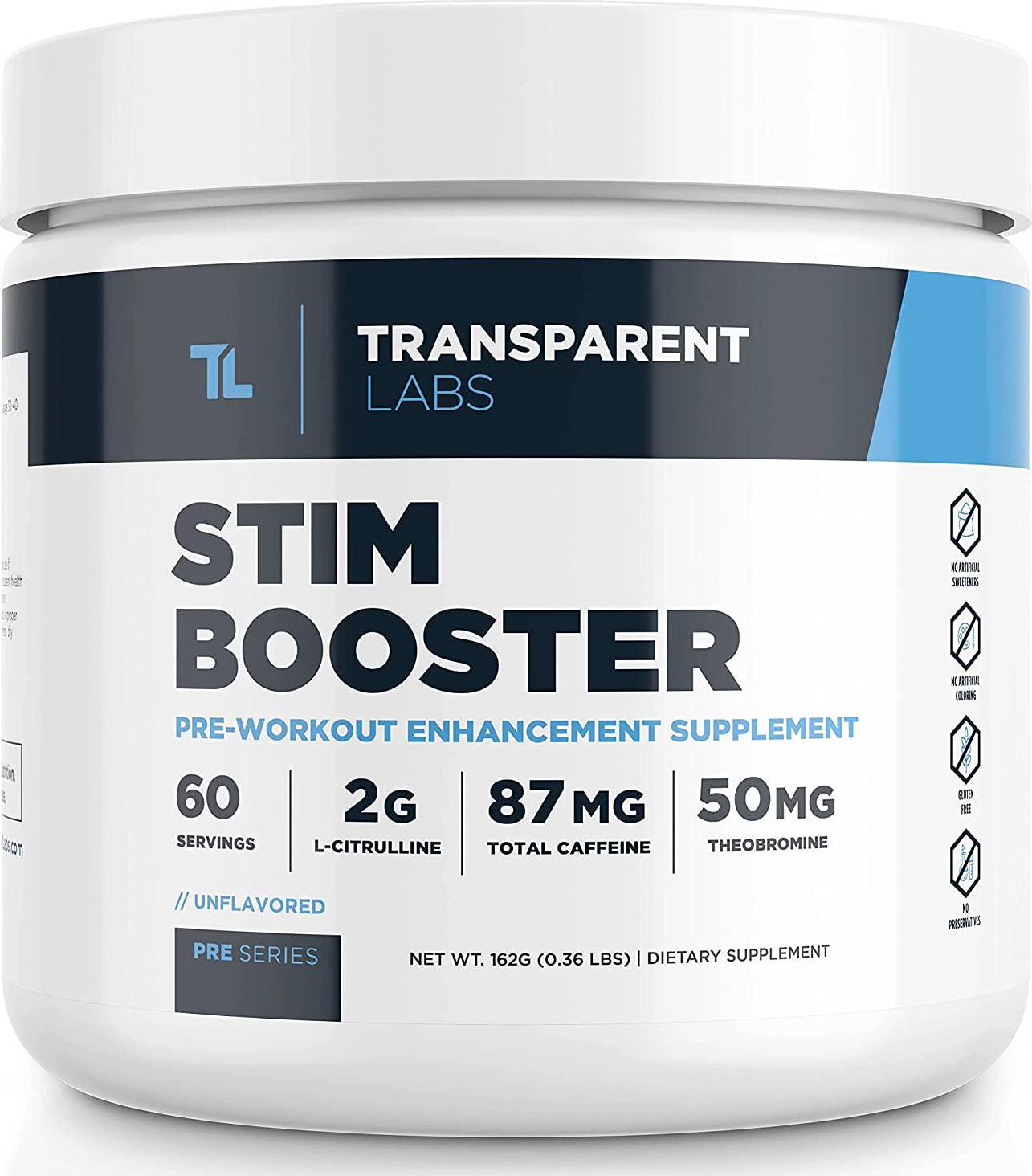 Transparent Labs Stimulant Booster Pre Workout,No Tingling,Contains Anhydrous Caffeine,L-Citrulline,and Theobromine,Gluten-Free,Non-GMO,No Sweeteners,Unflavored-60 Servings,STIM-BOOSTER