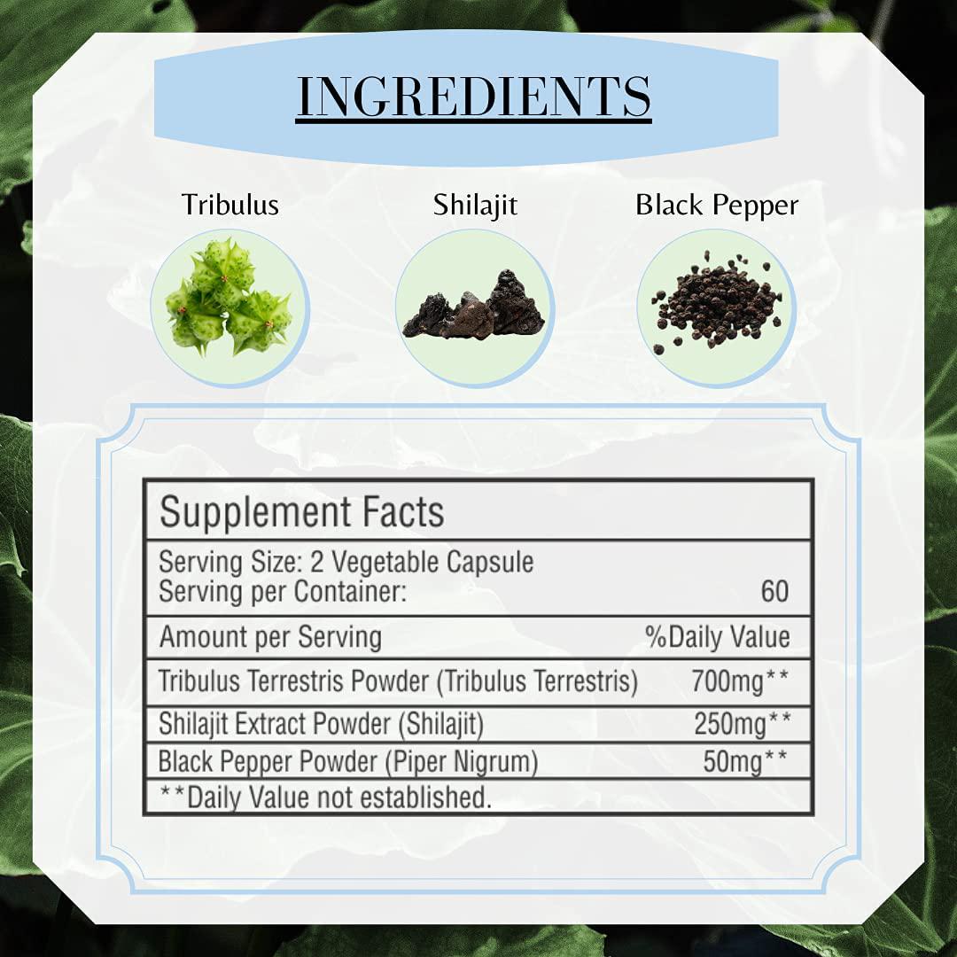 Tribulus Terrestris Capsules, Enhanced with Shilajit| 1000* mg, 120 Vegan Capsules| Testosterone Booster| Stamina Booster | Vegan , Gluten Free