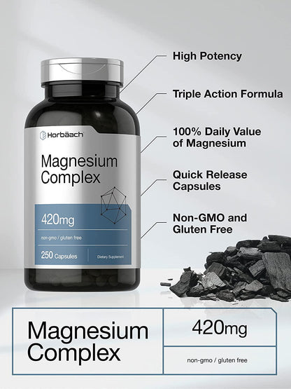 Triple Magnesium Complex | 420 mg | 250 Capsules | Non-GMO and Gluten Free Formula | Magnesium Oxide, Citrate, and Aspartate Dietary Supplement | by Horbaach