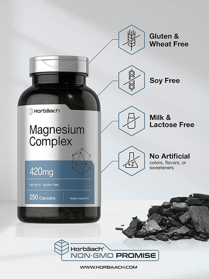 Triple Magnesium Complex | 420 mg | 250 Capsules | Non-GMO and Gluten Free Formula | Magnesium Oxide, Citrate, and Aspartate Dietary Supplement | by Horbaach