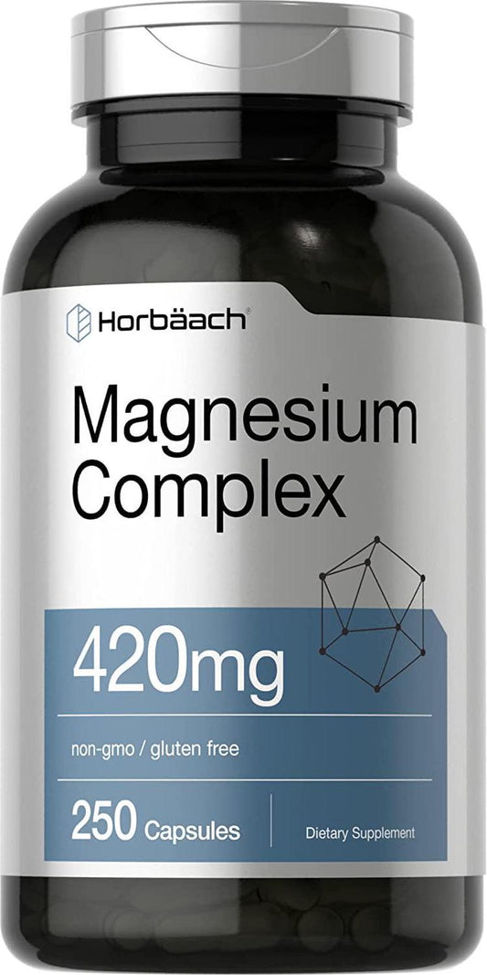 Triple Magnesium Complex | 420 mg | 250 Capsules | Non-GMO and Gluten Free Formula | Magnesium Oxide, Citrate, and Aspartate Dietary Supplement | by Horbaach