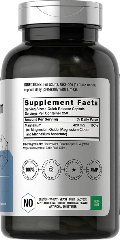 Triple Magnesium Complex | 420 mg | 250 Capsules | Non-GMO and Gluten Free Formula | Magnesium Oxide, Citrate, and Aspartate Dietary Supplement | by Horbaach