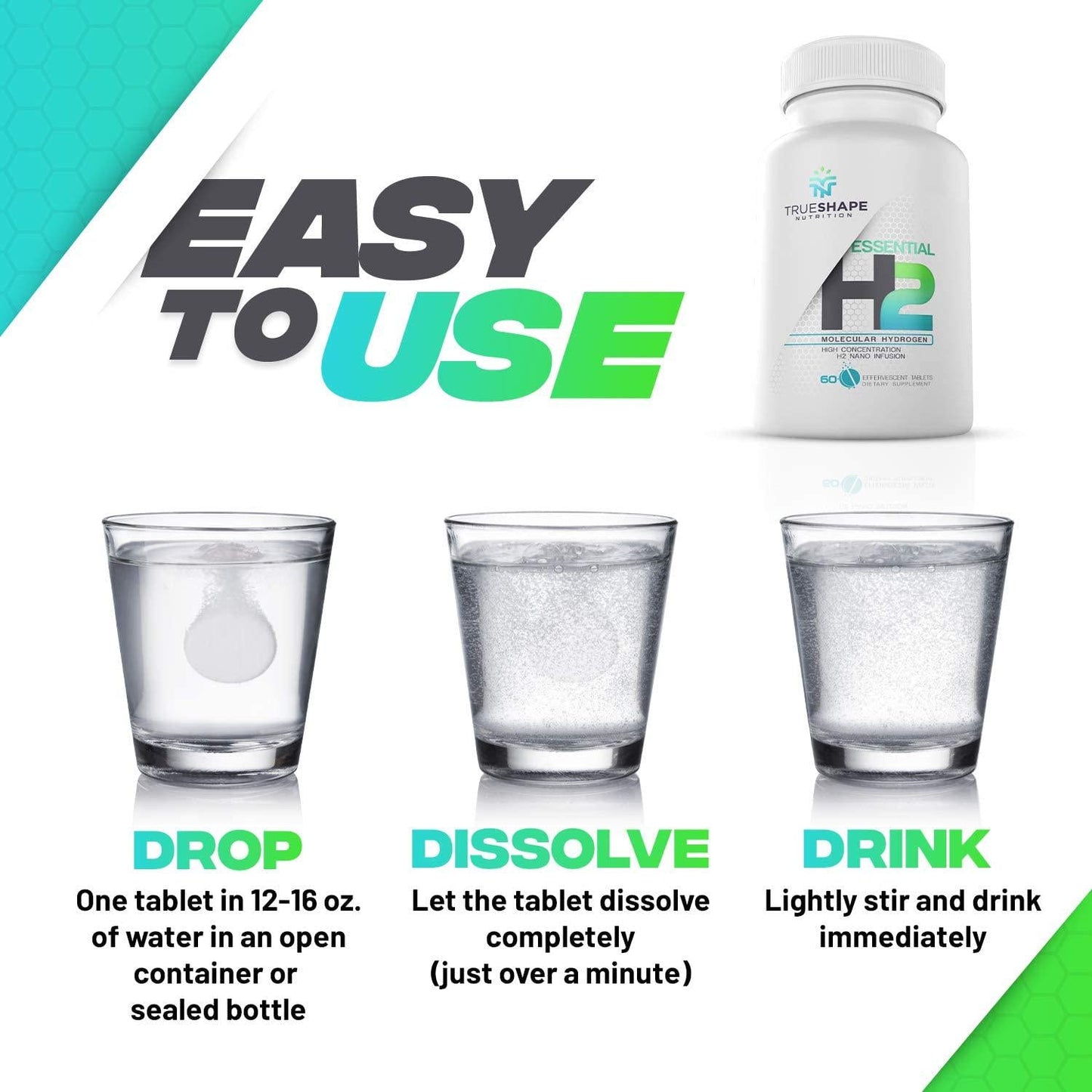 TrueShape Nutrition Essential H2 Fizzy Molecular Hydrogen Tablets for Water Nutritional Supplement (60 Servings)