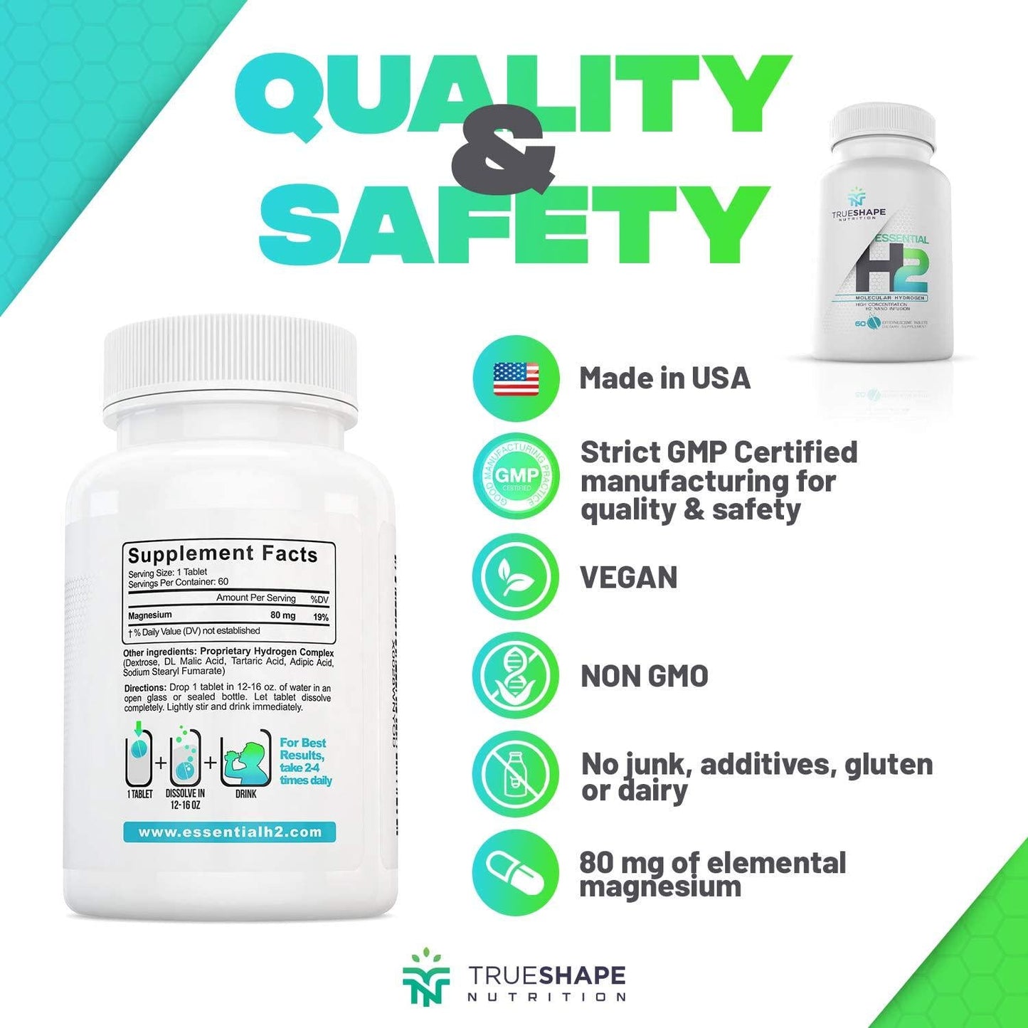 TrueShape Nutrition Essential H2 Fizzy Molecular Hydrogen Tablets for Water Nutritional Supplement (60 Servings)