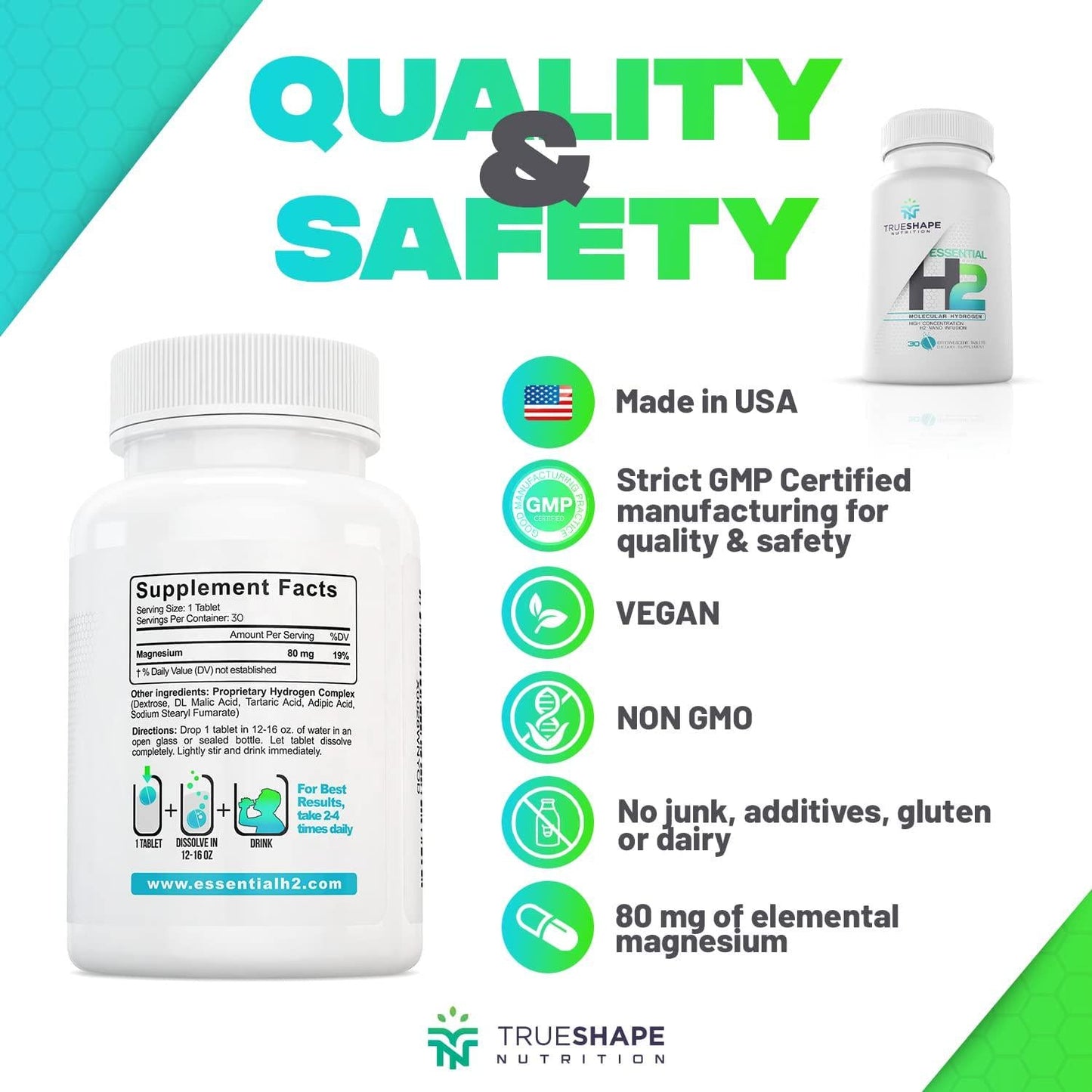 TrueShape Nutrition Essential H2 Fizzy Molecular Hydrogen Tablets for Water Nutritional Supplement (30 Servings)