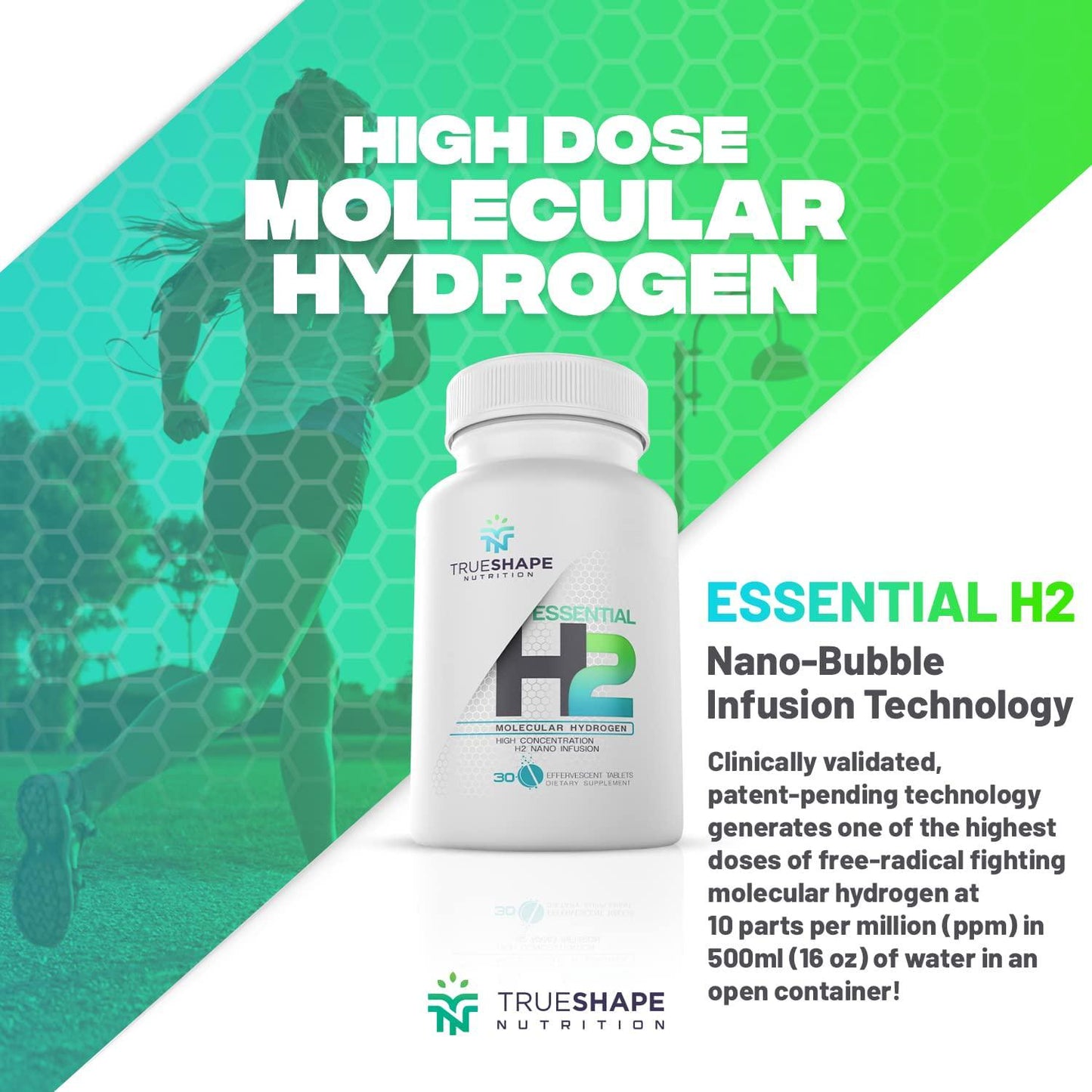 TrueShape Nutrition Essential H2 Fizzy Molecular Hydrogen Tablets for Water Nutritional Supplement (30 Servings)